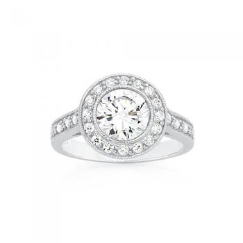 Silver CZ Solitaire Cluster Ring